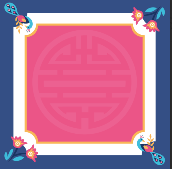 Peacock & Tulip Mat- Blue and Pink with Chinese Shou symbol
